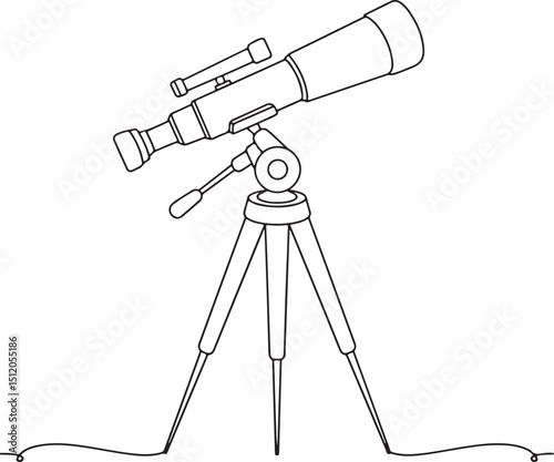 Minimalist continuous line drawing of a telescope and video camera mounted on tripods on white background

