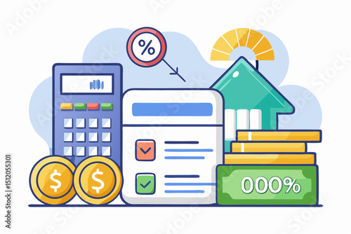 A close-up image of a person using a calculator while holding a credit card, symbolizing financial management, rising interest rates, and digital banking. Futuristic graphics including upward arrows, 