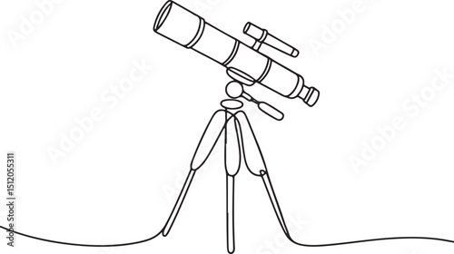 Minimalist continuous line drawing of a telescope and video camera mounted on tripods on white background

