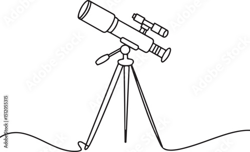Minimalist continuous line drawing of a telescope and video camera mounted on tripods on white background

