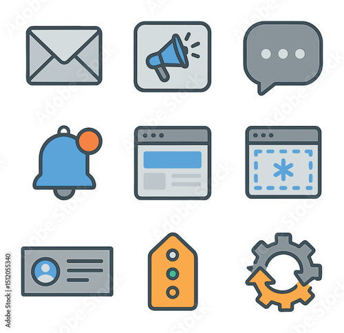 Cross-Channel Marketing Icons. Flat icon set of cross-channel promo strategies: email icon, social ad icon,