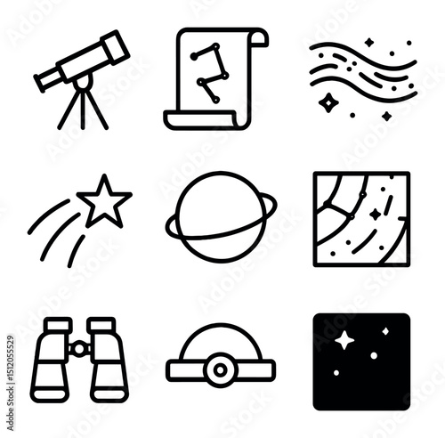 Hammock Stargazing Icons. Outline icon set of hammock stargazing: telescope, constellation map, Milky Way band, shooting star,