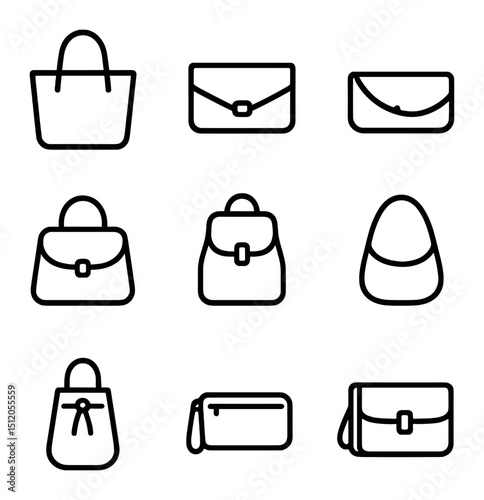 Handbag Icon Set. Outline icon set of handbag styles: tote bag, clutch, crossbody, satchel, backpack, hobo bag, bucket bag,