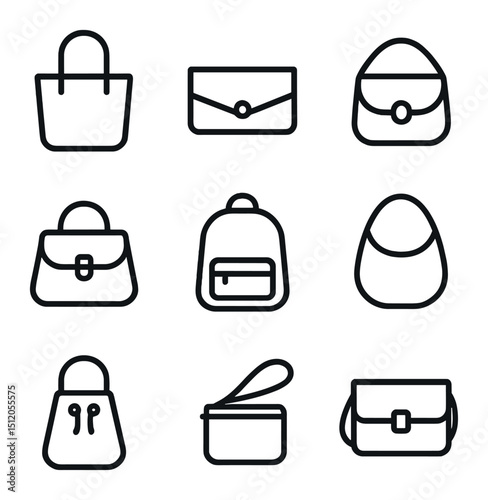 Handbag Icon Set. Outline icon set of handbag styles: tote bag, clutch, crossbody, satchel, backpack, hobo bag, bucket bag,