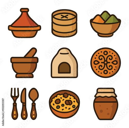 Culinary Heritage Icons. Flat icon set of cultural culinary heritage: tagine pot, bamboo steamer, spice bowl,