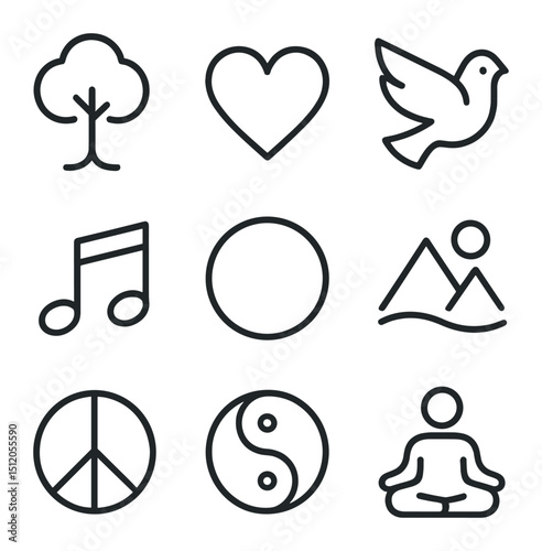 Harmonious Icons Grid. Outline icon set of harmonious living: tree, heart, dove, music notes, circle, nature, peace, balance,
