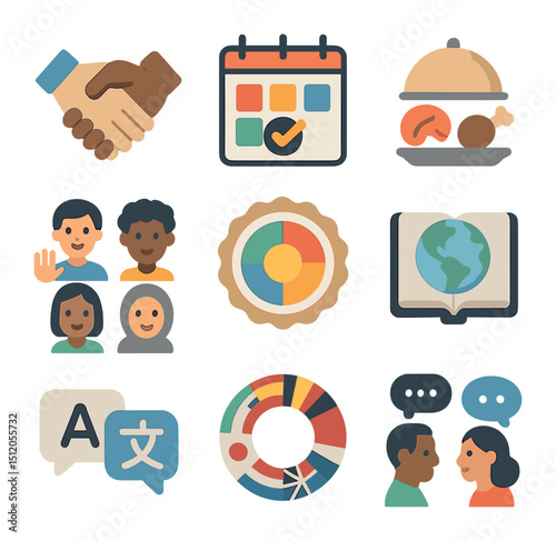 Cultural Awareness Icons. Flat icon set of cultural awareness at work: multicultural handshake, diversity