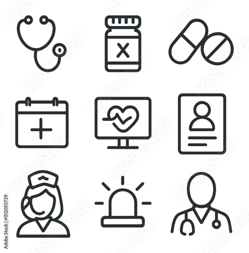 Healthcare Icon Set. Outline icon set of healthcare voice assistants: stethoscope, prescription bottle, pill icon, heart monitor,