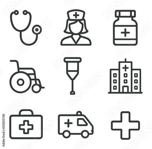 Healthcare Icons Grid. Outline icon set of healthcare assistance services: stethoscope, nurse silhouette, pill bottle, first aid