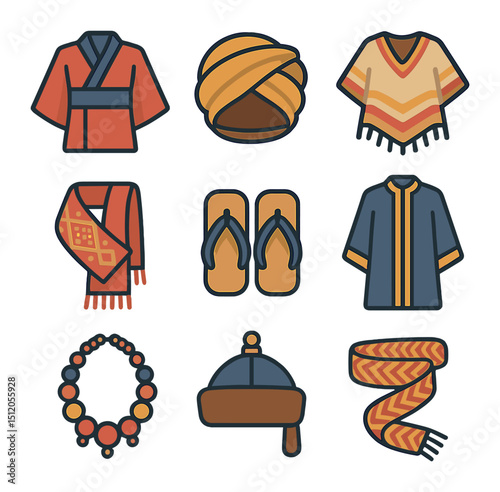 Cultural Clothing Icons. Flat icon set of cultural clothing and accessories: kimono, turban, poncho,
