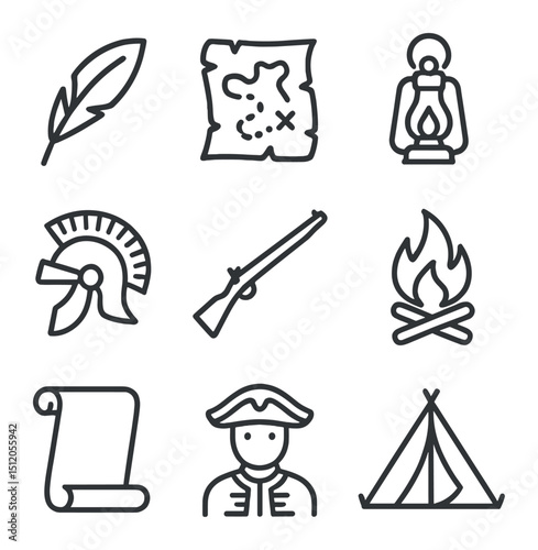 Historical Reenactment Icons. Outline icon set of historical reenactment storytelling: quill pen, parchment map, lantern, costume