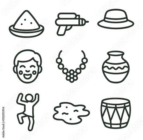 Holi Celebration Icons. Outline icon set of Holi celebration scenes: colored powder pile, water gun, straw hat, joyful face,