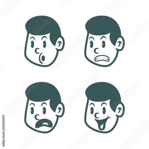 Vector illustration of a boy's face showing 4 emotional expressions: scared, angry, sad, and doubtful. Cute cartoon style, ideal for icons, stickers, or educational materials