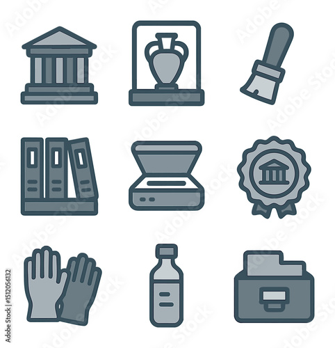 Cultural Preservation Icons. Flat icon set of cultural preservation and archives: museum building, artifact