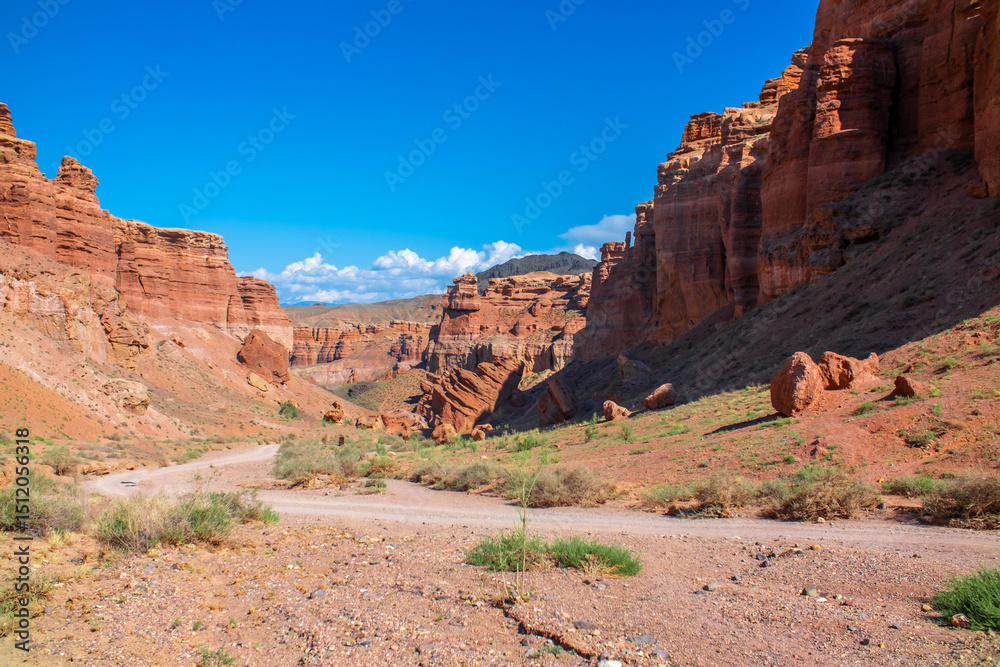 Fototapeta premium Charyn Canyon, Valley of Castles. The excellence of Kazakhstan. Panorama of natural unusual landscape. The red canyon of extraordinary beauty looks like a Martian landscape.