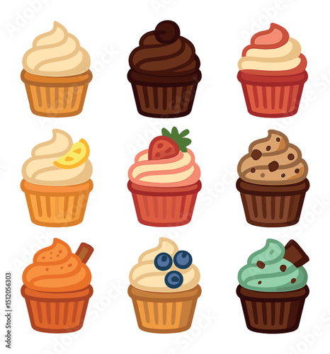 Cupcake Flavor Icons. Flat icon set of cupcake flavor icons: vanilla cupcake, chocolate cupcake, red velvet,