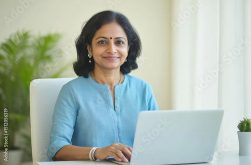 A serene and self-assured Indian middle-aged woman seated at a minimalist white desk with a laptop