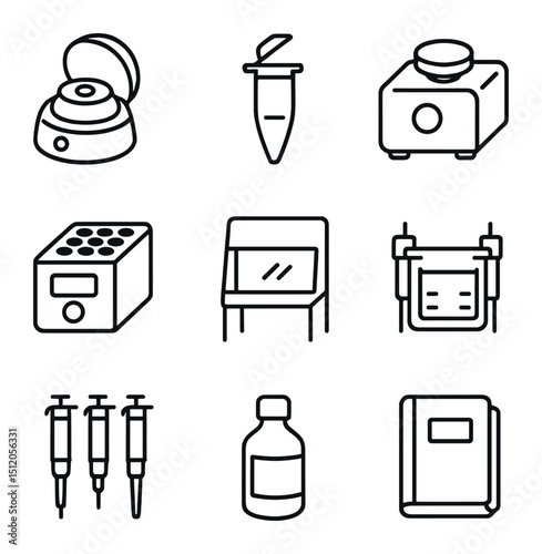 Home Biology Lab Icons. Outline icon set of home molecular biology lab equipment: mini centrifuge, microcentrifuge tube, vortex