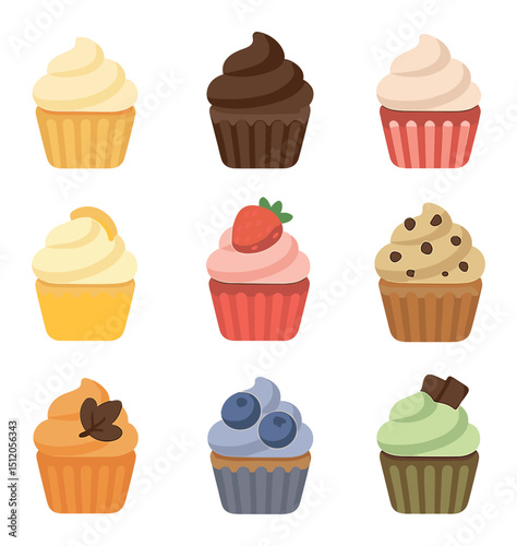 Cupcake Flavor Icons. Flat icon set of cupcake flavor icons: vanilla cupcake, chocolate cupcake, red velvet,