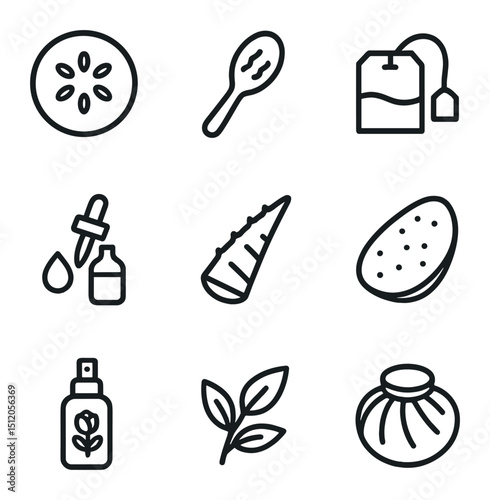 Home Remedy Icons. Outline icon set of home remedies for dark circles: cucumber slice, chilled spoon, tea bag pair, almond oil