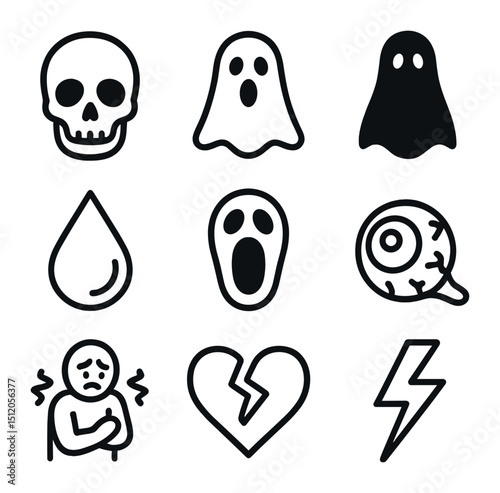 Horror Icon Set. Outline icon set of horror movie fright: skull silhouette, ghost figure, dark shadow, dripping sweat drop,