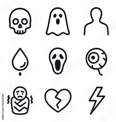 Horror Icon Set. Outline icon set of horror movie fright: skull silhouette, ghost figure, dark shadow, dripping sweat drop,