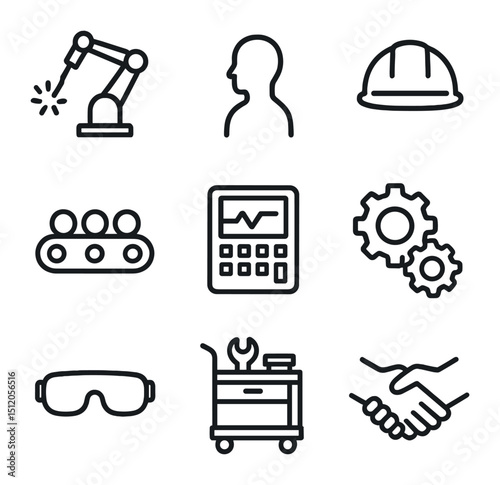 Human-Robot Co-working Icons. Outline icon set of human–robot co-working in manufacturing: robotic welder, factory worker