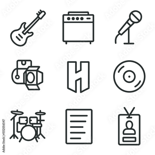 Hundredth Band Icons. Outline icon set of the band Hundredth (music): guitar, amplifier, microphone, stage light, vinyl record,