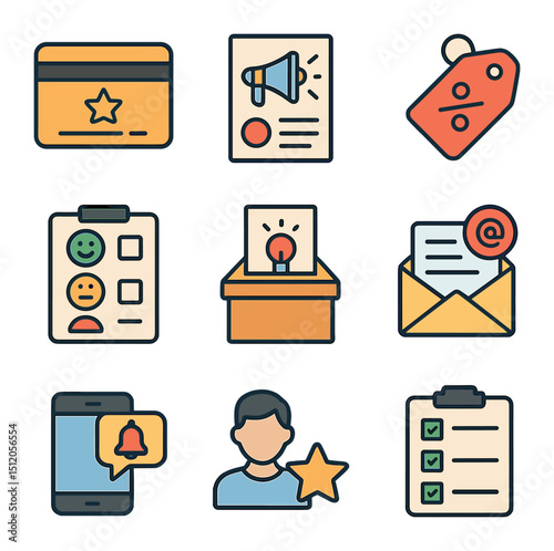 Customer Engagement Icons. Flat icon set of customer engagement tools: loyalty card, promotional flyer,