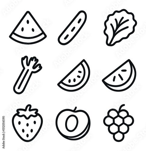 Hydrating Foods Icons. Outline icon set of hydrating foods: watermelon slice, cucumber spear, lettuce leaf, celery stalk, tomato