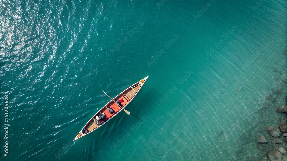 Fototapeta premium Canoe on Turquoise Water: A picturesque overhead shot of a canoe gracefully gliding across a vast expanse of shimmering turquoise water, embodying tranquility and exploration.
