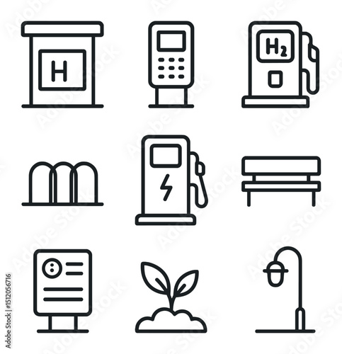 Hydrogen Hub Icon Set. Outline icon set of community hydrogen fueling hub: kiosk shelter, payment terminal, hydrogen pump, bicycle