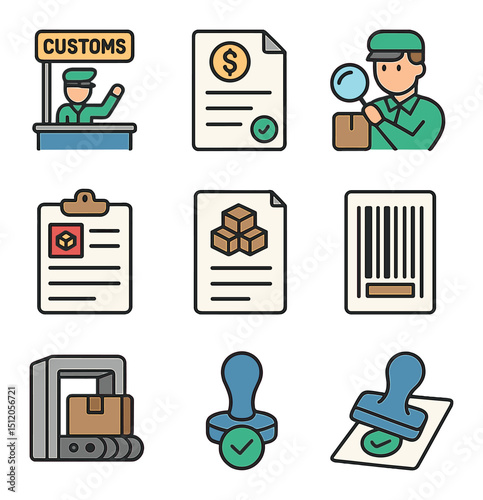 Customs Icons Grid. Flat icon set of customs and border control: customs checkpoint icon, tariff duty form,