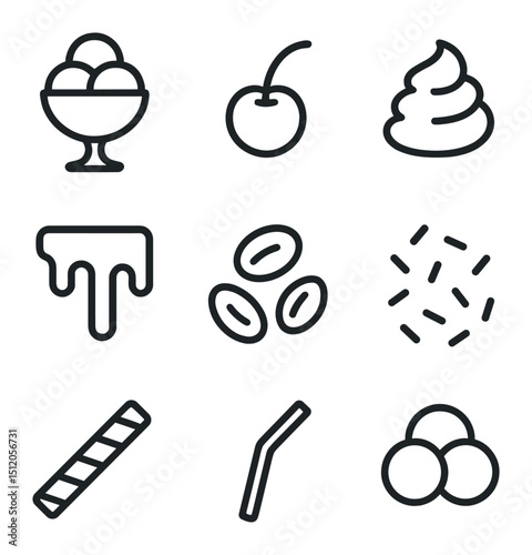 Ice Cream Icons. Outline icon set of ice cream sundaes and toppings: sundae glass, cherry, whipped cream, chocolate sauce, nuts,