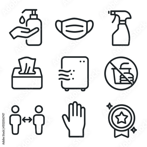 Hygiene Safety Icons. Outline icon set of hygiene and safety: hand sanitizer dispenser, mask icon, cleaning spray, disinfectant