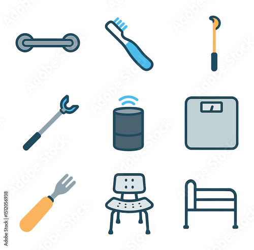 Daily Living Aids Icons. Flat icon set of daily living aids: grab bar, adaptive toothbrush, dressing stick,