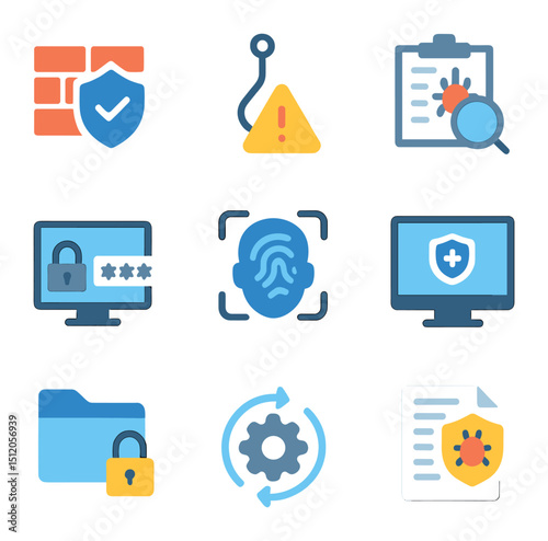 Cybersecurity Icon Set. Flat icon set of cyber attack prevention: firewall shield, phishing alert, malware