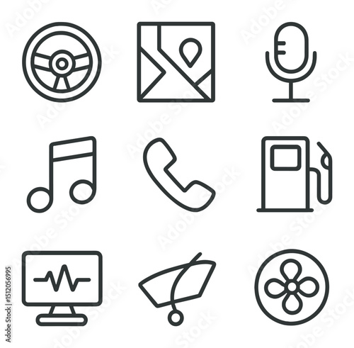 In-Car Voice Assistants Icons. Outline icon set of in-car voice assistants: steering wheel, GPS map, microphone icon, music note,