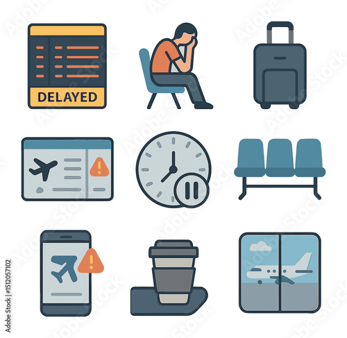 Delayed Flight Icons. Flat icon set of waiting for a delayed flight: departure board with delay, tired