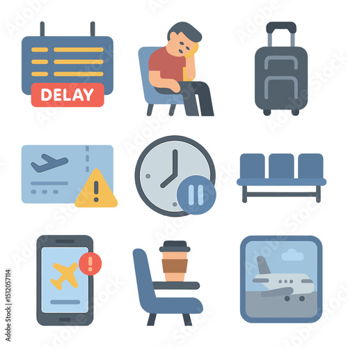 Delayed Flight Icons. Flat icon set of waiting for a delayed flight: departure board with delay, tired
