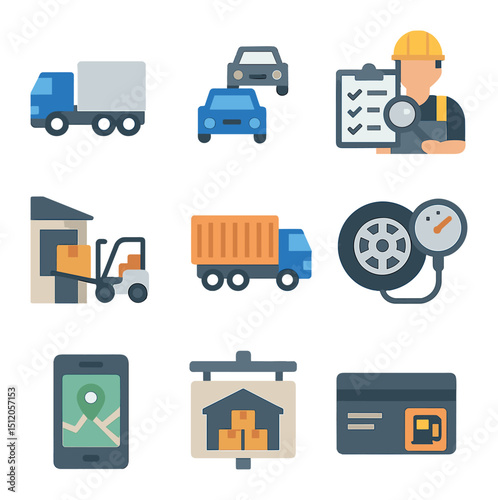 Delivery Fleet Icons. Flat icon set of delivery fleet operations: semi-truck, fleet icon, vehicle inspection,