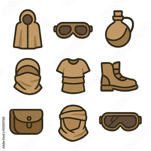 Desert Nomad Icon Set. Flat icon set of desert nomad style: long cloak, sand goggles, water pouch, facemask