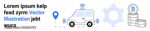 Self-driving car with wireless signals near GPS pin, gear icon, and stacked blockchain coins. Ideal for technology, cryptocurrency, AI, transportation, automation, mobility simple landing page