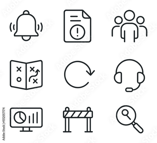 Incident Response Tools Icons. Outline icon set of incident response tools: alert bell, incident ticket, response team, playbook