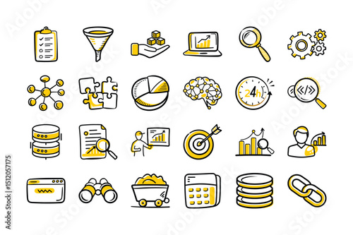 Hand-Drawn Data Analytics and Business Intelligence Icon Set – Charts, Databases, SEO & Strategy Symbols

