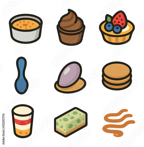 Dessert Flight Icons. Flat icon set of dessert tasting flights: mini crème brûlée, chocolate mousse cup, fruit