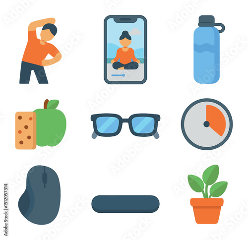 Developer Wellness Icons. Flat icon set of developer wellness: stretching figure, meditation app, water bottle