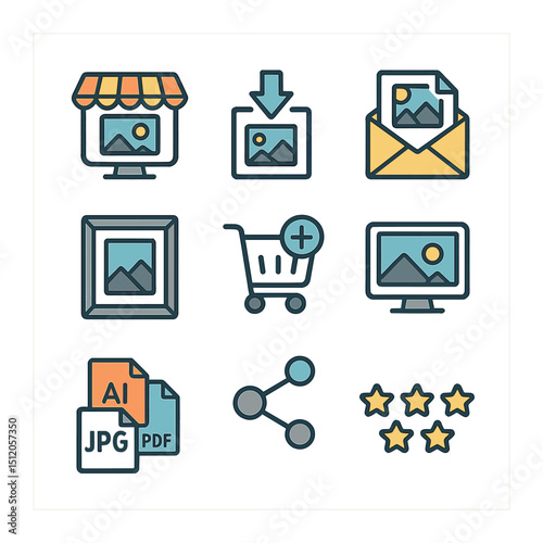 Digital Art Icon Set. Flat icon set of digital art print promotion: online shop icon, download print file,
