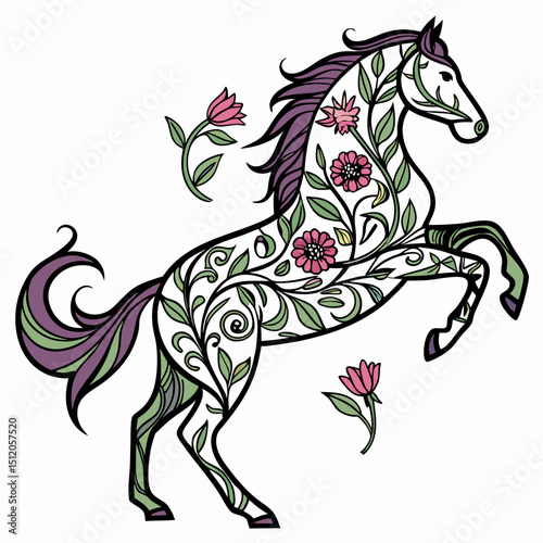 Elegant horse tattoo illustration with floral design elements, combining strength and beauty in a detailed line art style for body art, prints, or design projects.