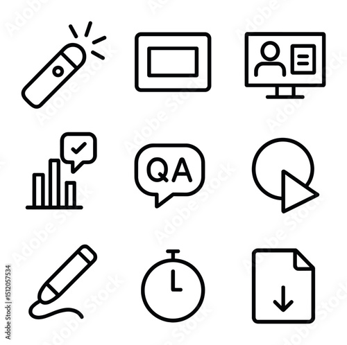 Interactive Presentation Icons. Outline icon set of interactive presentation tools: laser pointer, slide thumbnail, presenter view